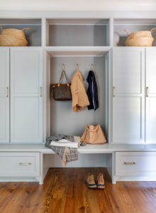 light blue cabinetry in butler&#039;s pantry