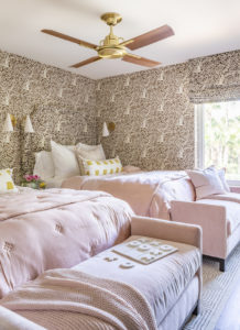 brown and pink girls bedroom with wallpaper